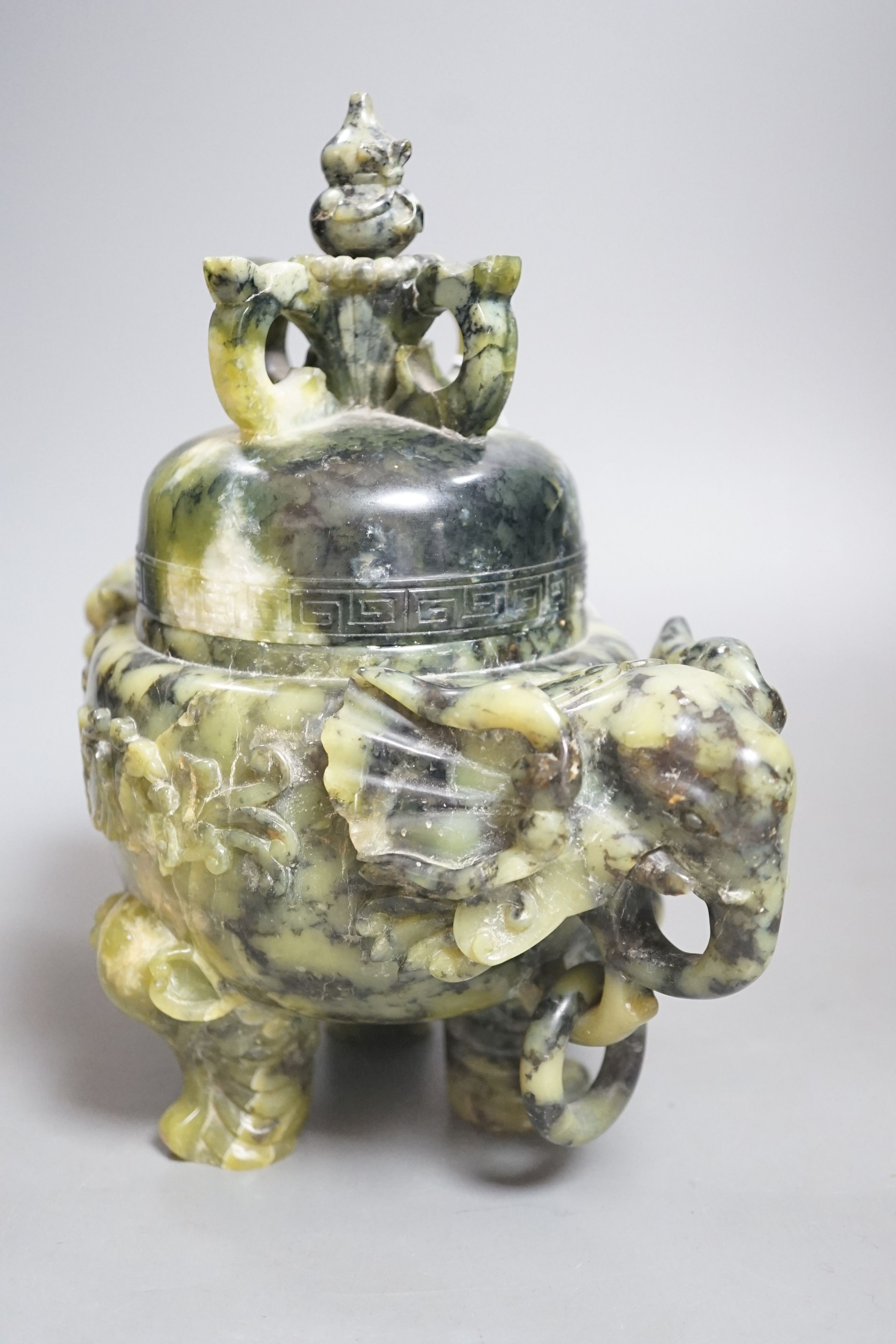 A Chinese spinach green quartz censer and cover, 23cm wide
